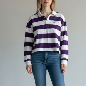 U.S. Polo Assn. Purple & White Striped Rugby Shirt Women's M Cropped Cotton